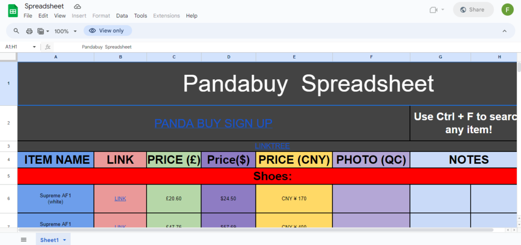 PandaBuy Spreadsheet 19