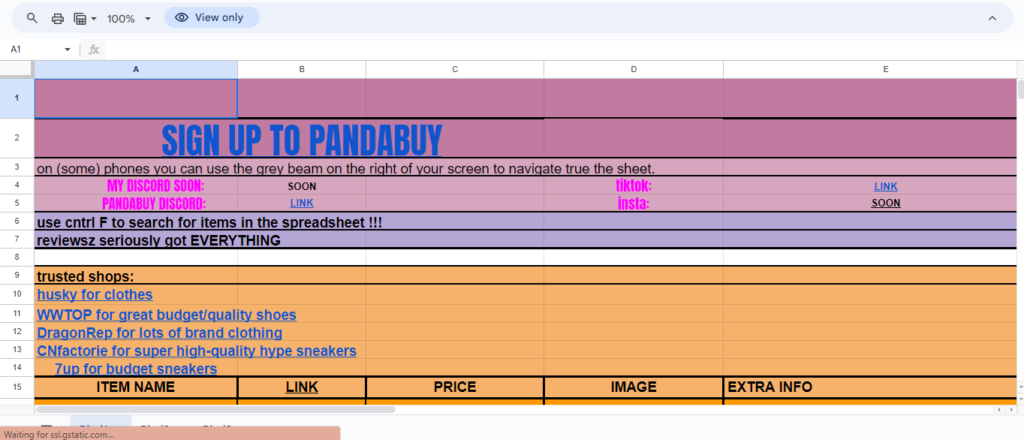 PandaBuy Spreadsheet